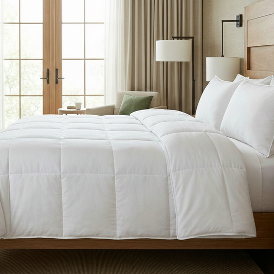 Neatly made bed with white bedding in a well-lit bedroom.