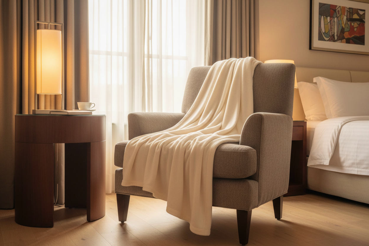a cream colored fleece blanket draped over a hotel room chair in a corner of a hotel room
