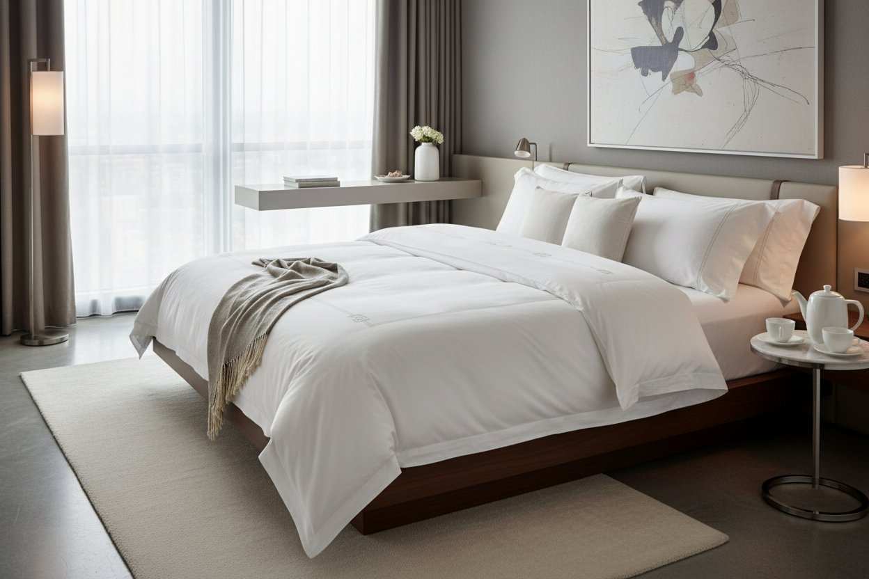 A white classy filled blanket on a bed in a modern styled hotel room