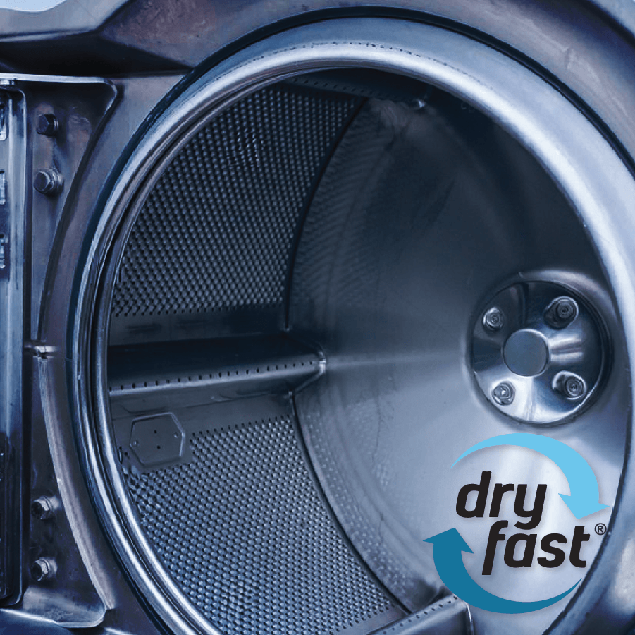 Dryer drum with 'dry fast' logo on a blue background