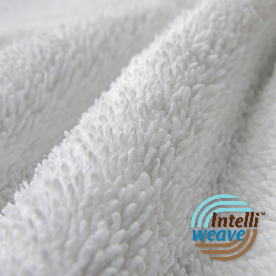 Close-up of white fabric with IntelliWeave logo