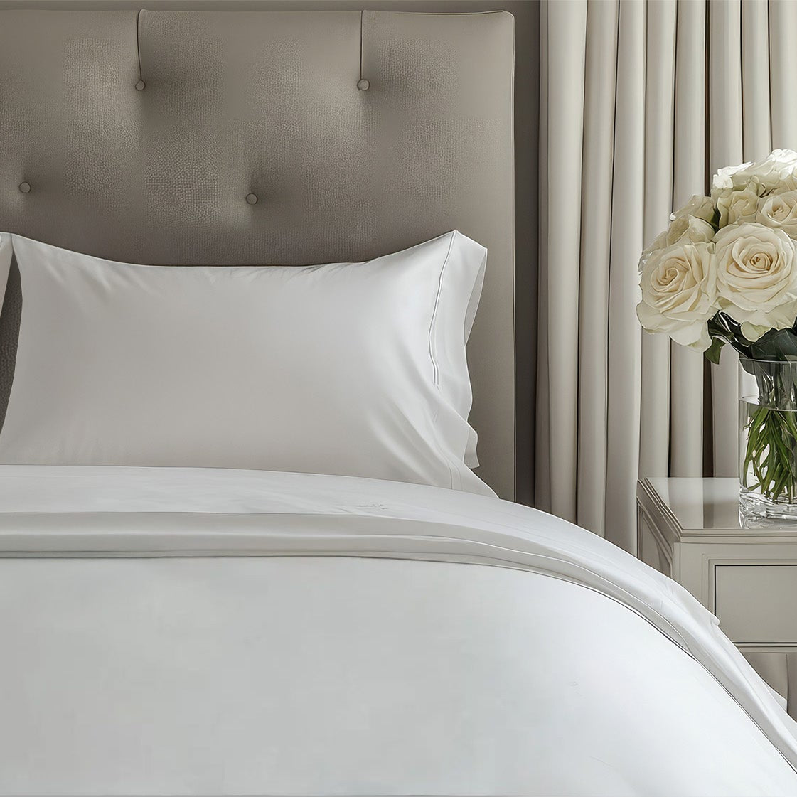 Neatly made bed with white bedding and pillows, nightstand with flowers, and gray headboard.