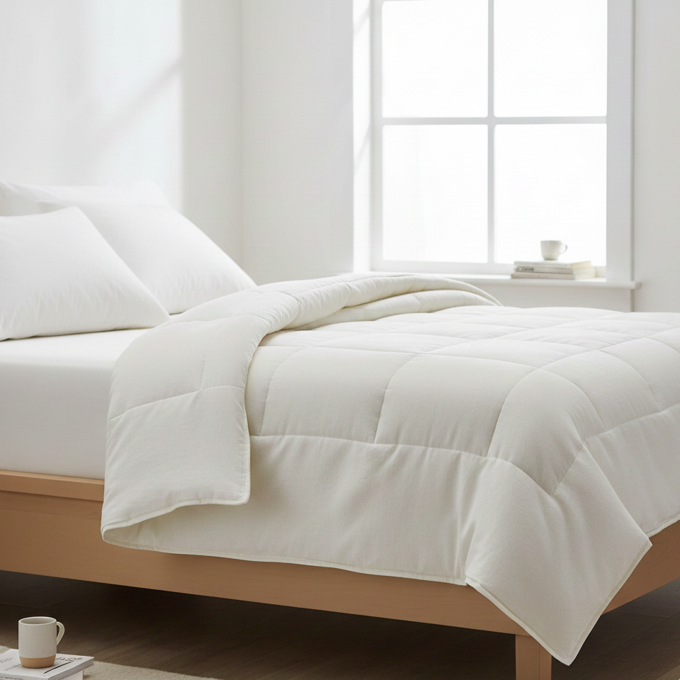 White comforter on a bed in a bright bedroom with natural light.