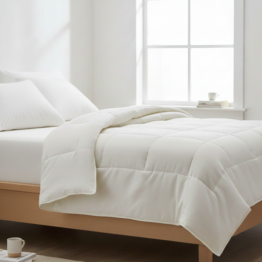White comforter on a bed in a bright bedroom with natural light.